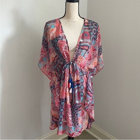 Bleu Rod Beattie Ruffled Colorful Beach Coverup Medium Red Blue USA Patriotic - Picture 1 of 11